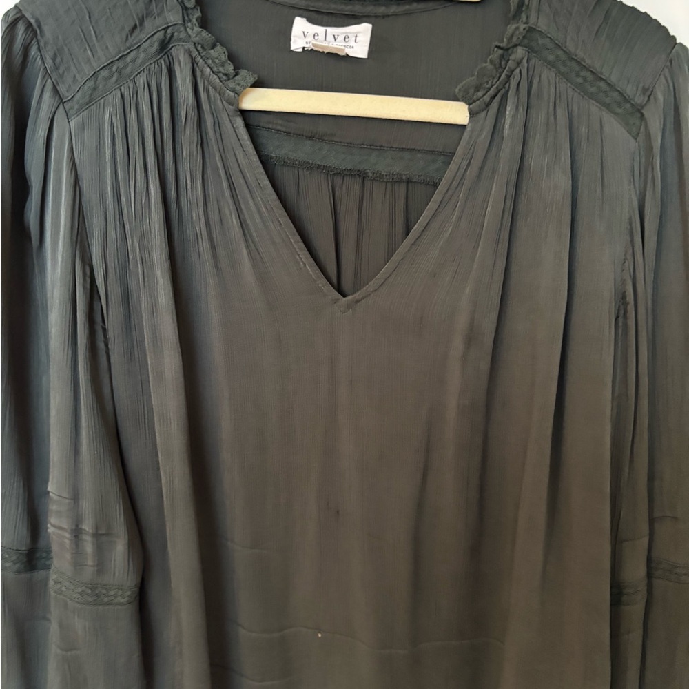 Velvet Charcoal Blouse with Lace Trim